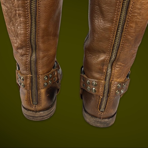 FRYE Phillip Studded Harness Tall Boot Soft Brown, Size 8 - Picture 12 of 16